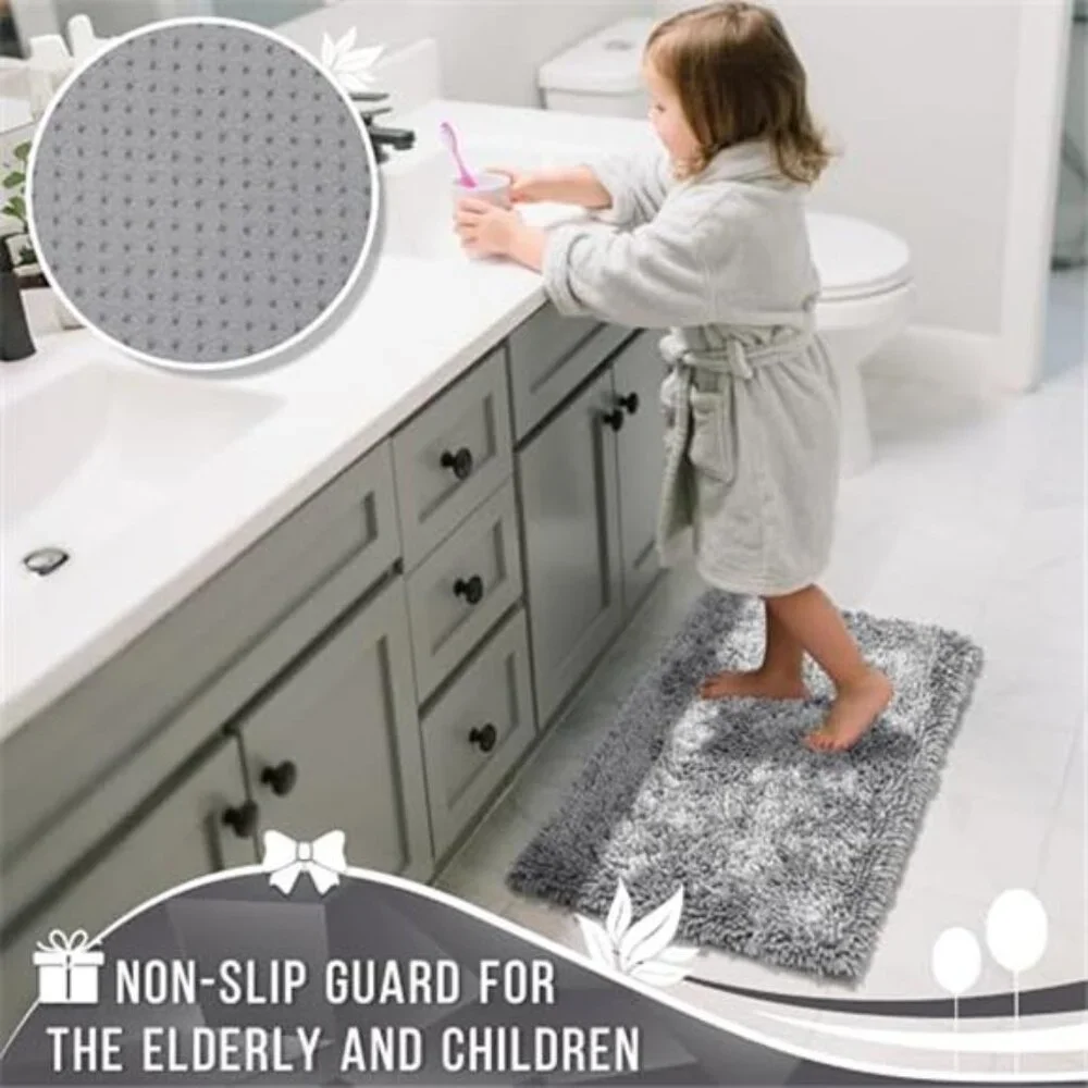Bathroom Rug Set 2 Piece Soft Shaggy Non Slip Absorbent Bath Mats Light Grey